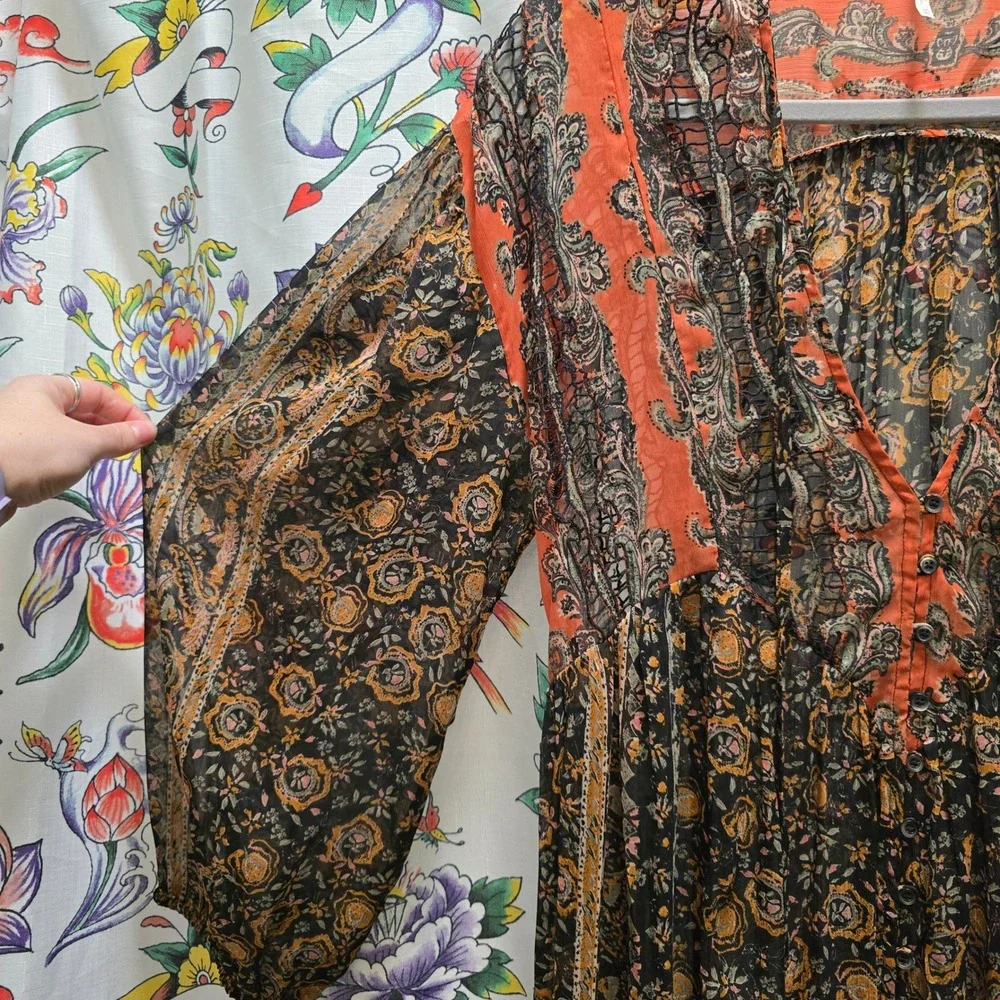 Free People Boho Paisley‎ Floral Sheer Maxi Dress Orange Black Long Sleeve XS